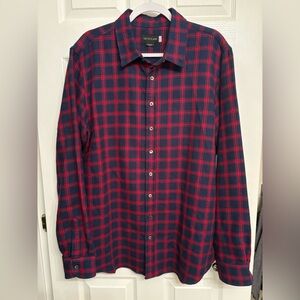 Men’s Red and Navy Plaid Button-Up Shirt XXL